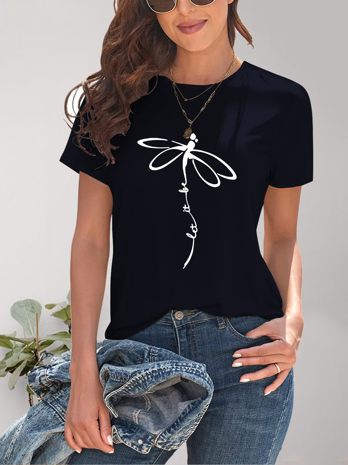 Dragonfly Graphic Round Neck Short Sleeve T-Shirt - Fashion Finder Hub