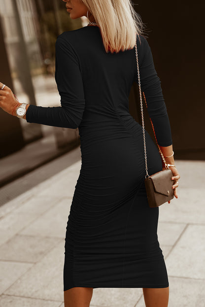 Ruched Surplice Long Sleeve Midi Dress - Fashion Finder Hub