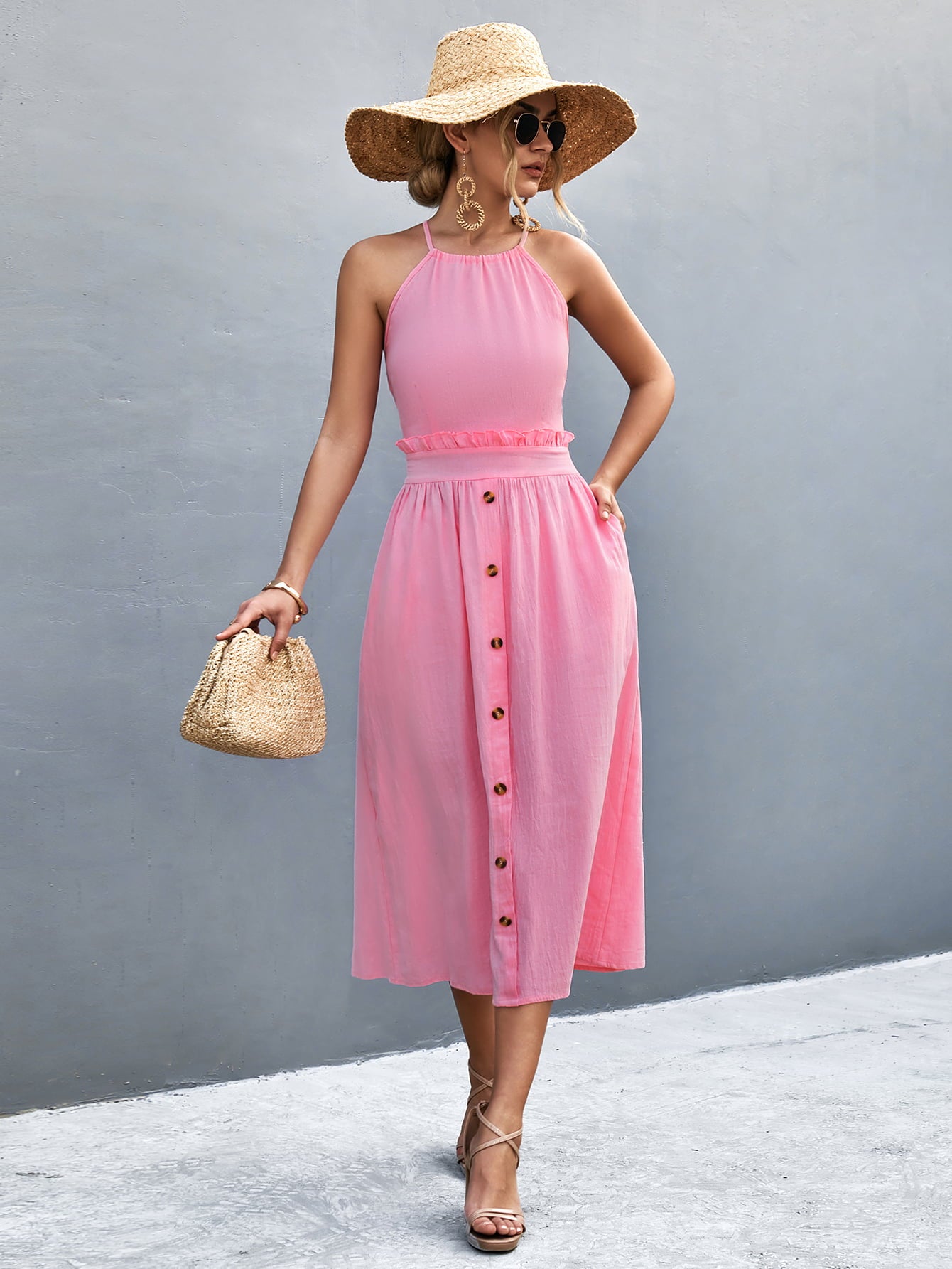 Buttoned Halter Neck Frill Trim Midi Dress - Fashion Finder Hub
