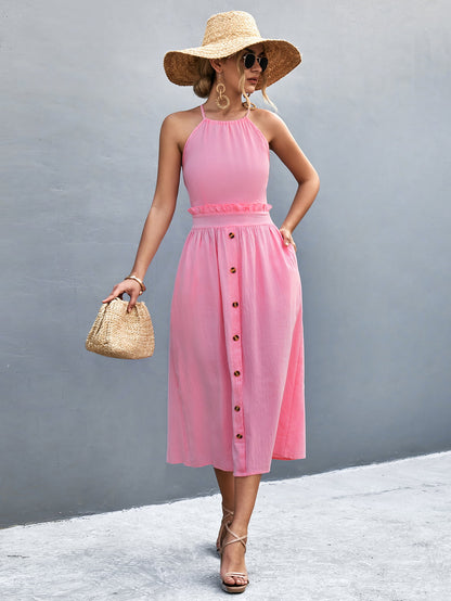 Buttoned Halter Neck Frill Trim Midi Dress - Fashion Finder Hub