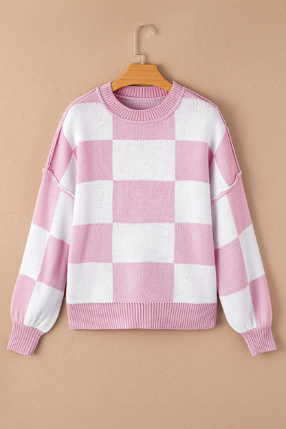 Checkered Exposed Seam Drooped Shoulder Sweater - Fashion Finder Hub