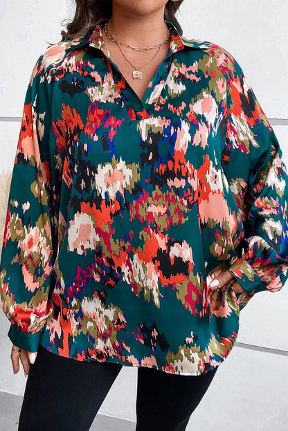 Plus Size Printed Johnny Collar Long Sleeve Blouse - Fashion Finder Hub