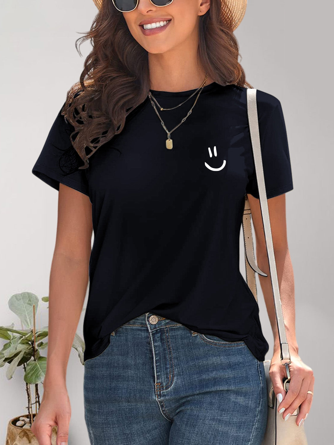 Smile Graphic Round Neck Short Sleeve T-Shirt - Fashion Finder Hub