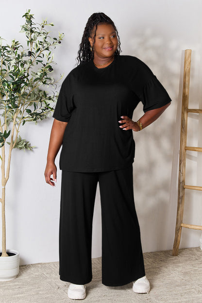 Double Take Full Size Round Neck Slit Top and Pants Set - Fashion Finder Hub
