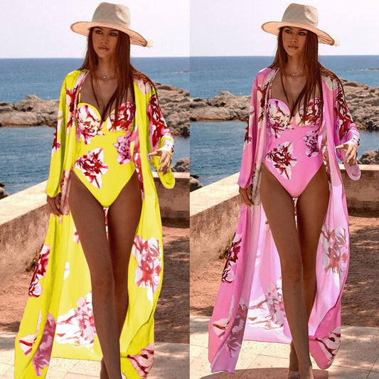 Two-piece Suit Long Sleeve Mesh Blouse Cross-border Sexy Printed Swimsuit