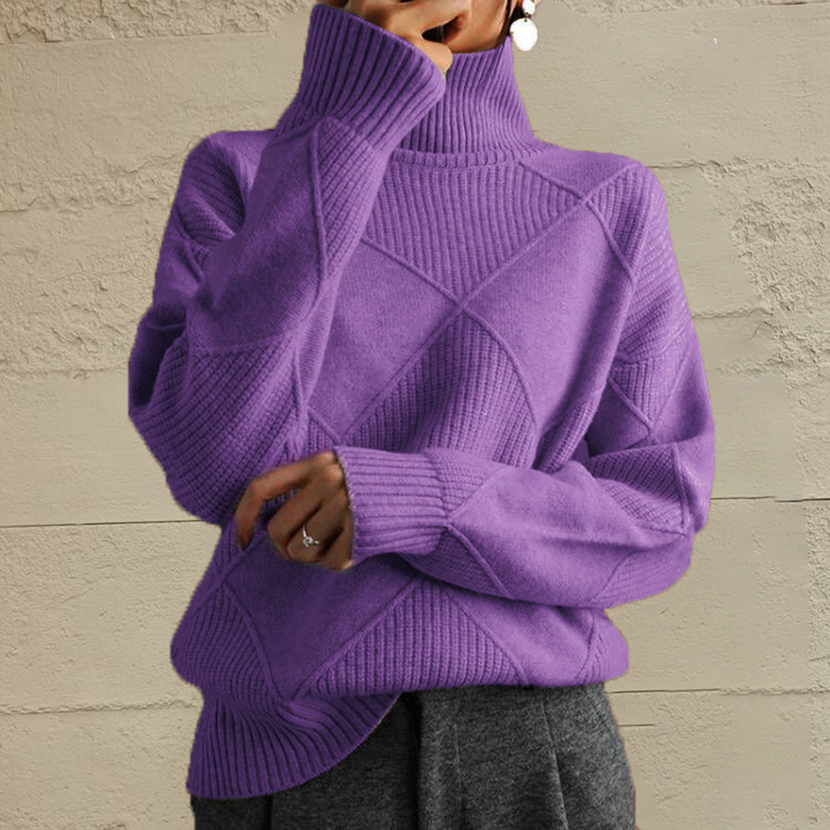 Geometric Turtleneck Long Sleeve Sweater - Fashion Finder Hub