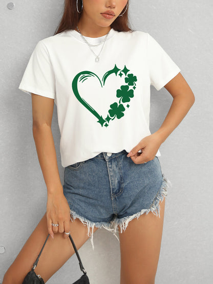 Heart Lucky Clover Round Neck Short Sleeve T-Shirt - Fashion Finder Hub