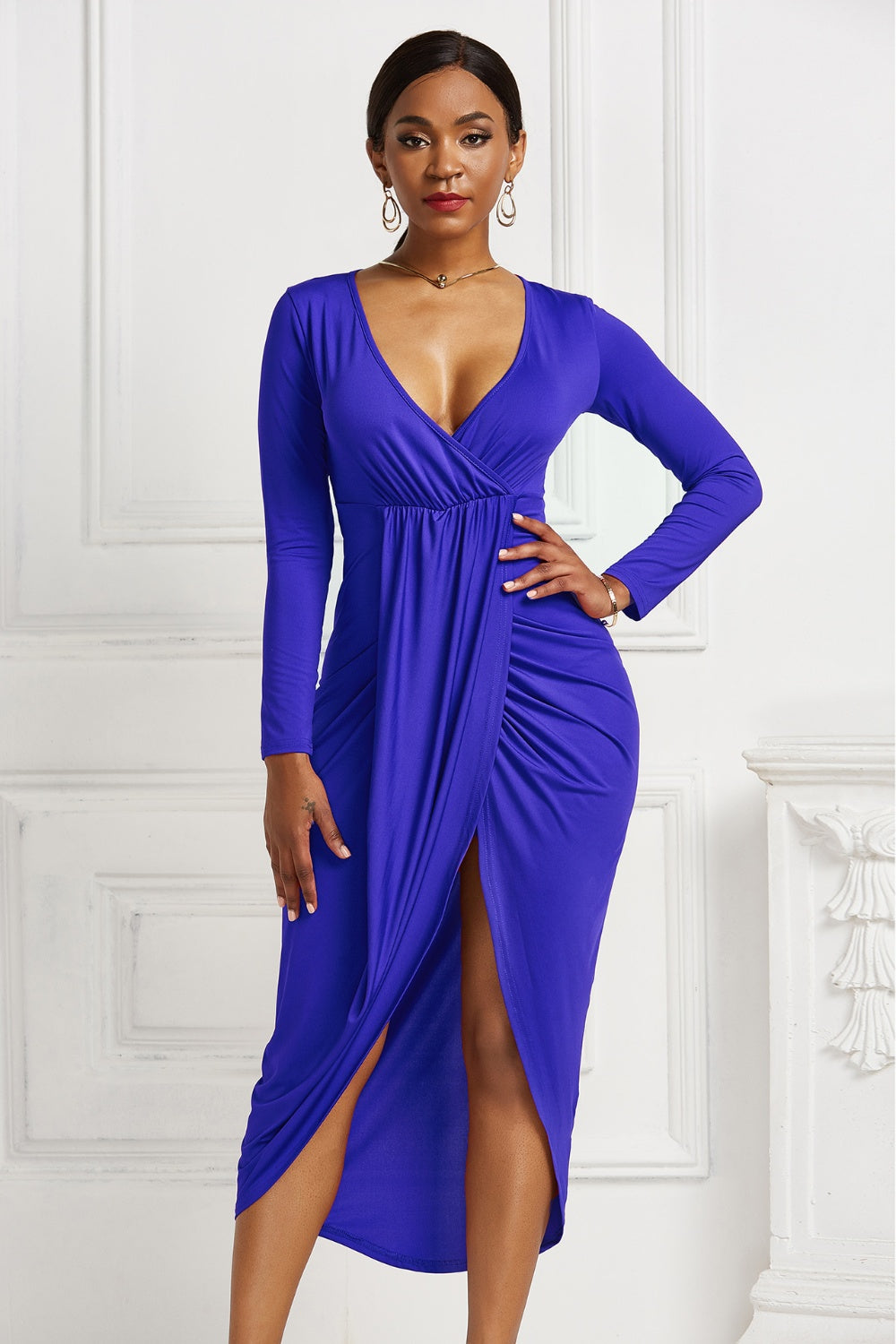 High-low Ruched Surplice Long Sleeve Dress - Fashion Finder Hub