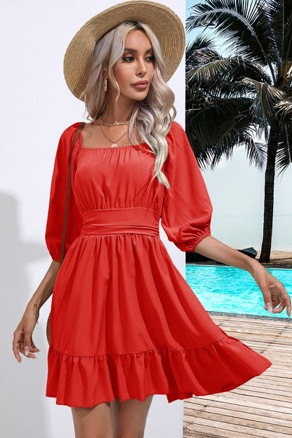 Square Neck Tie Back Ruffle Hem Dress - Fashion Finder Hub