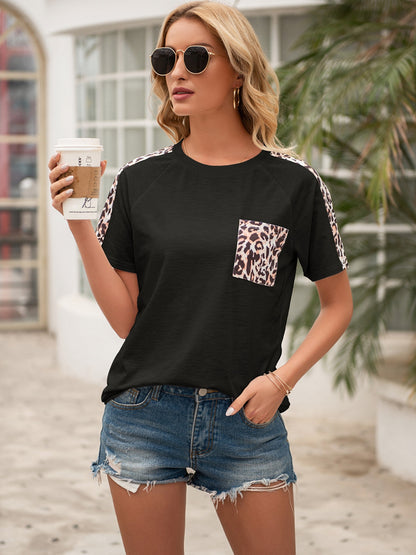 Pocketed Leopard Round Neck Short Sleeve T-Shirt - Fashion Finder Hub