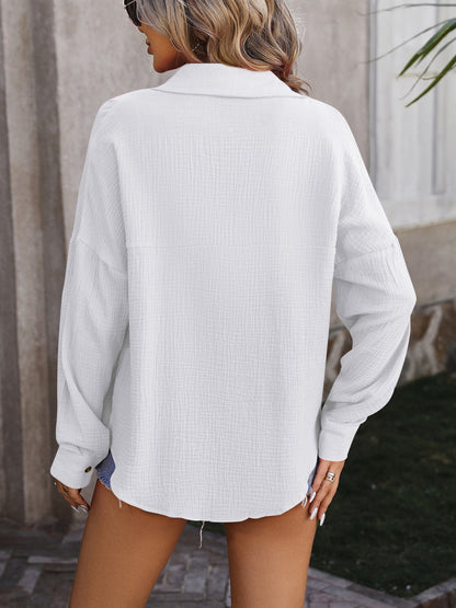 Textured Pocketed Button Up Dropped Shoulder Shirt - Fashion Finder Hub