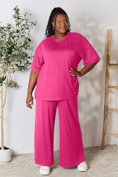 Double Take Full Size Round Neck Slit Top and Pants Set - Fashion Finder Hub