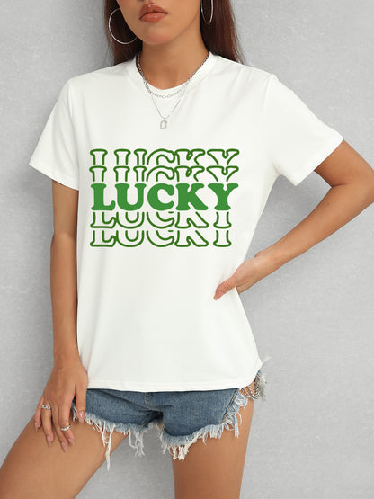 LUCKY Round Neck Short Sleeve T-Shirt - Fashion Finder Hub