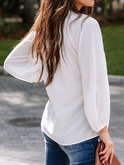 Ruched Notched Balloon Sleeve Blouse - Fashion Finder Hub