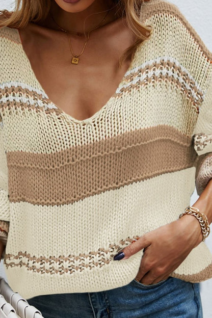 Color Block V-Neck Dropped Shoulder Sweater - Fashion Finder Hub