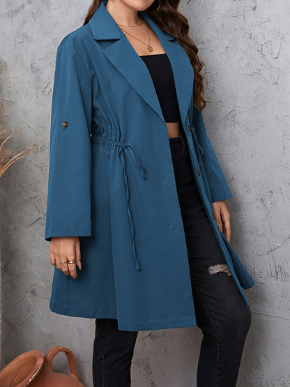 Plus Size Lapel Collar Drawstring Roll-Tab Sleeve Trench Coat - Fashion Finder Hub