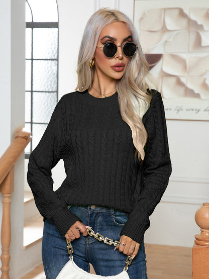 Cable-Knit Round Neck Long Sleeve Sweater - Fashion Finder Hub