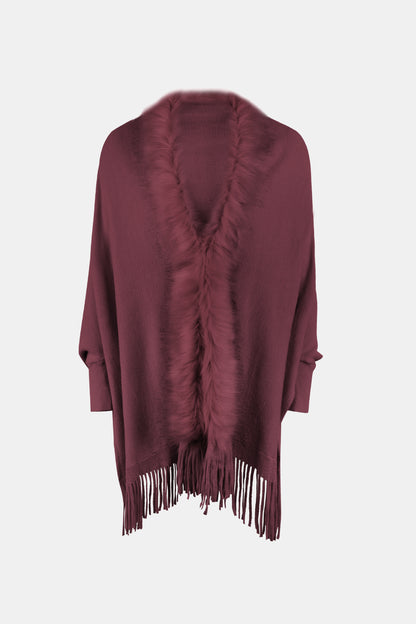 Fringe Open Front Long Sleeve Poncho - Fashion Finder Hub