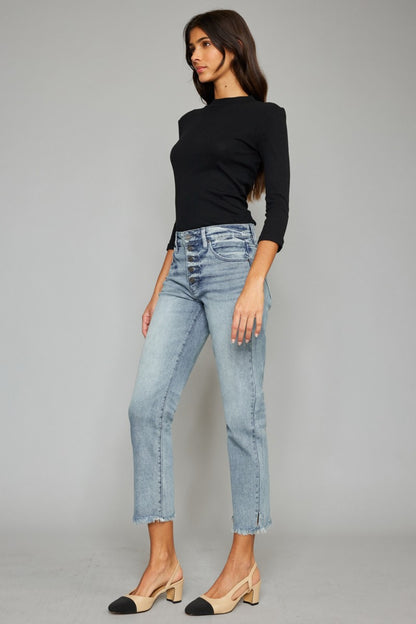 Kancan High Waist Button Fly Raw Hem Cropped Straight Jeans - Fashion Finder Hub