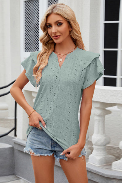Eyelet Notched Short Sleeve T-Shirt - Fashion Finder Hub