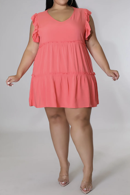Plus Size V-Neck Frill Trim Mini Dress - Fashion Finder Hub