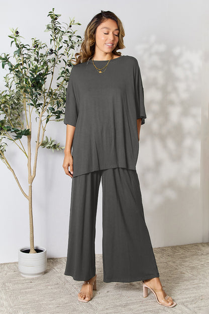 Double Take Full Size Round Neck Slit Top and Pants Set - Fashion Finder Hub