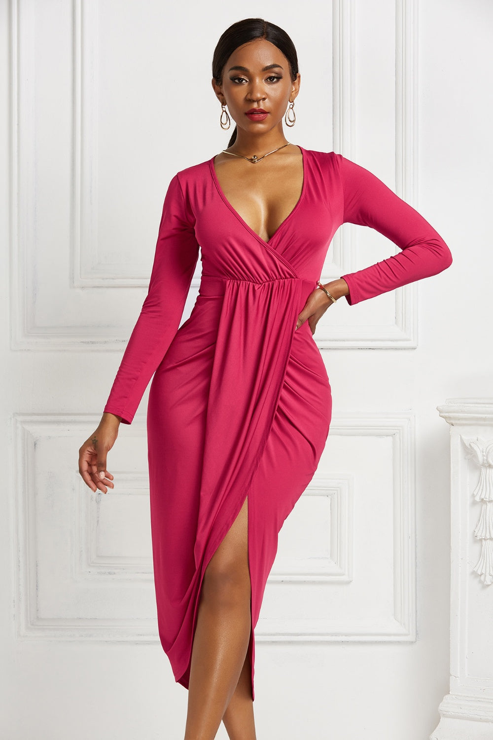 High-low Ruched Surplice Long Sleeve Dress - Fashion Finder Hub