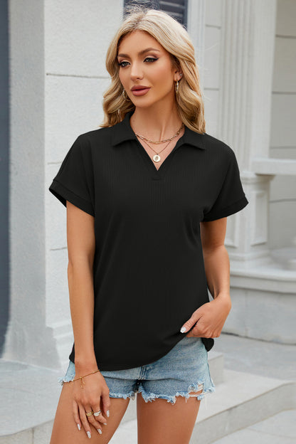 Johnny Collar Short Sleeve Blouse - Fashion Finder Hub