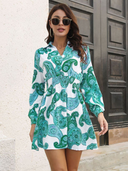 Paisley Print Johnny Collar Smocked Dress - Fashion Finder Hub