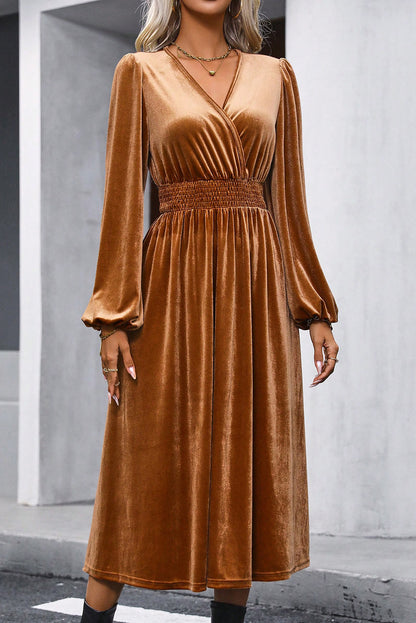 Surplice Balloon Sleeve Smocked Midi Dress - Fashion Finder Hub