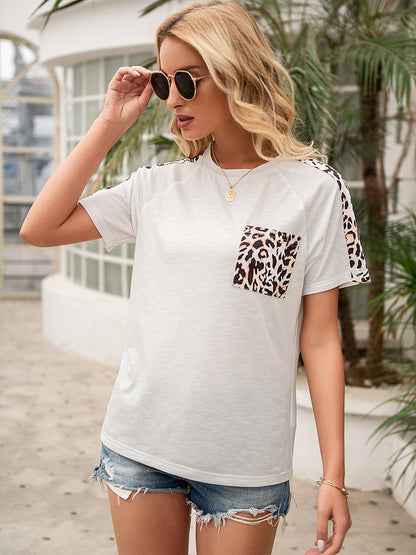 Pocketed Leopard Round Neck Short Sleeve T-Shirt - Fashion Finder Hub