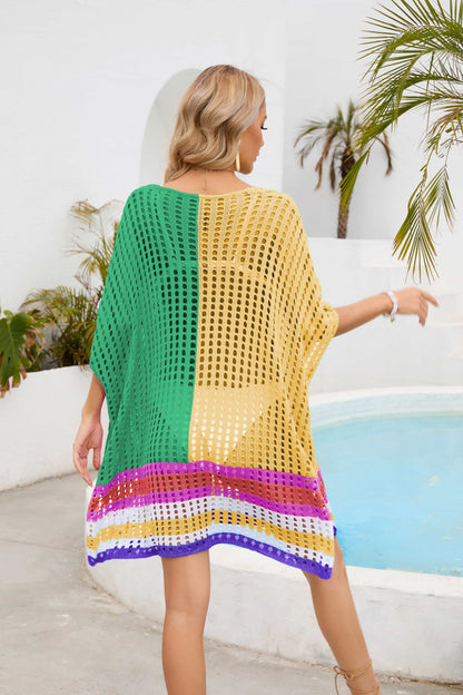 Contrast Scoop Neck Openwork Half Sleeve Cover Up - Fashion Finder Hub