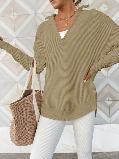 Half Zip Long Sleeve Knit Top - Fashion Finder Hub