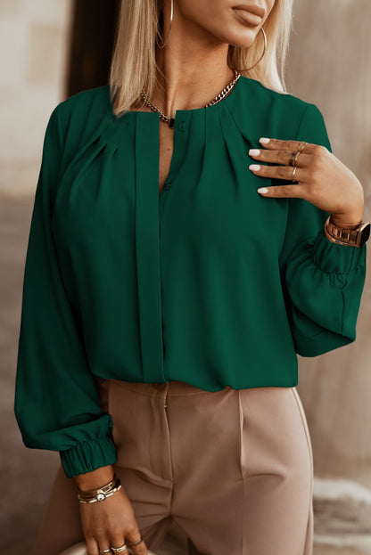 Button Up Round Neck Long Sleeve Shirt - Fashion Finder Hub