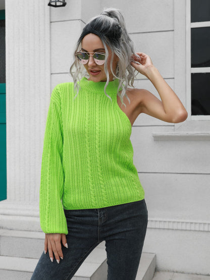 Cable-Knit Round Neck Asymmetrical Sweater - Fashion Finder Hub