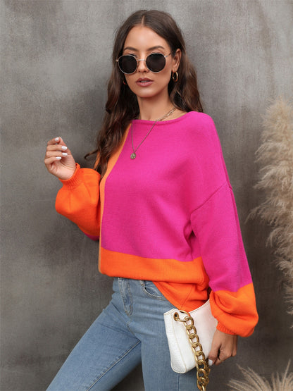 Color Block Round Neck Sweater - Fashion Finder Hub