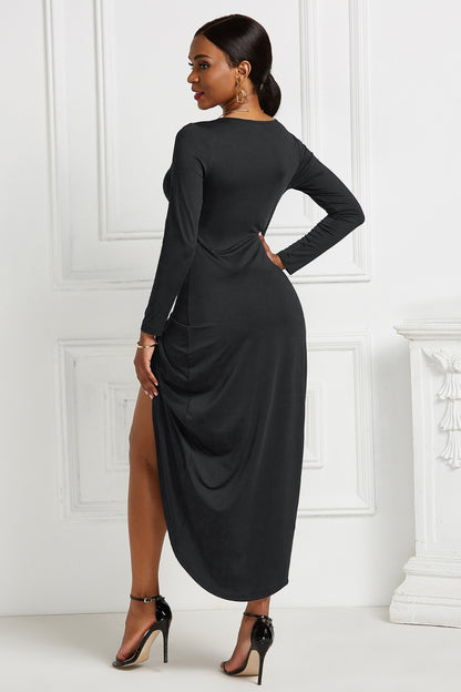 High-low Ruched Surplice Long Sleeve Dress - Fashion Finder Hub