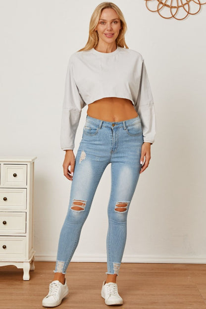 Round Neck Dropped Shoulder Cropped Sweatshirt - Fashion Finder Hub