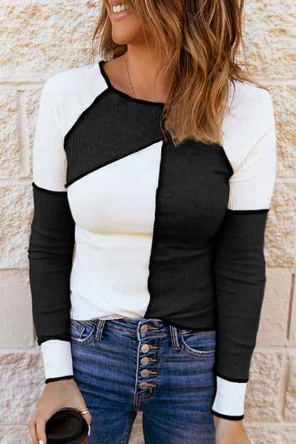 Color Block Round Neck Long Sleeve T-Shirt - Fashion Finder Hub