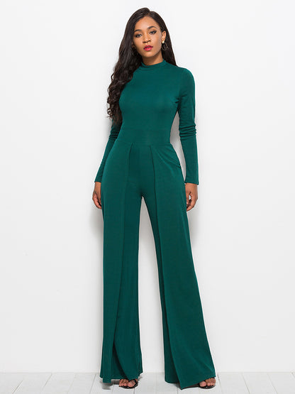 Long Sleeve Mock Neck Wide Leg Jumpsuit - Fashion Finder Hub