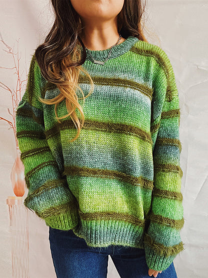 Striped Round Neck Long Sleeve Sweater - Fashion Finder Hub