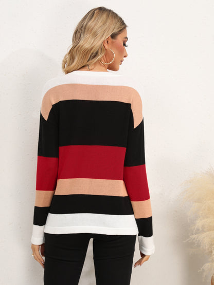 Striped Round Neck Dropped Shoulder Sweater - Fashion Finder Hub