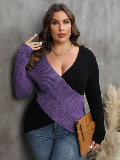 Plus Size Two-Tone Surplice Neck Sweater - Fashion Finder Hub