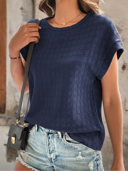 Textured Round Neck Short Sleeve Top - Fashion Finder Hub