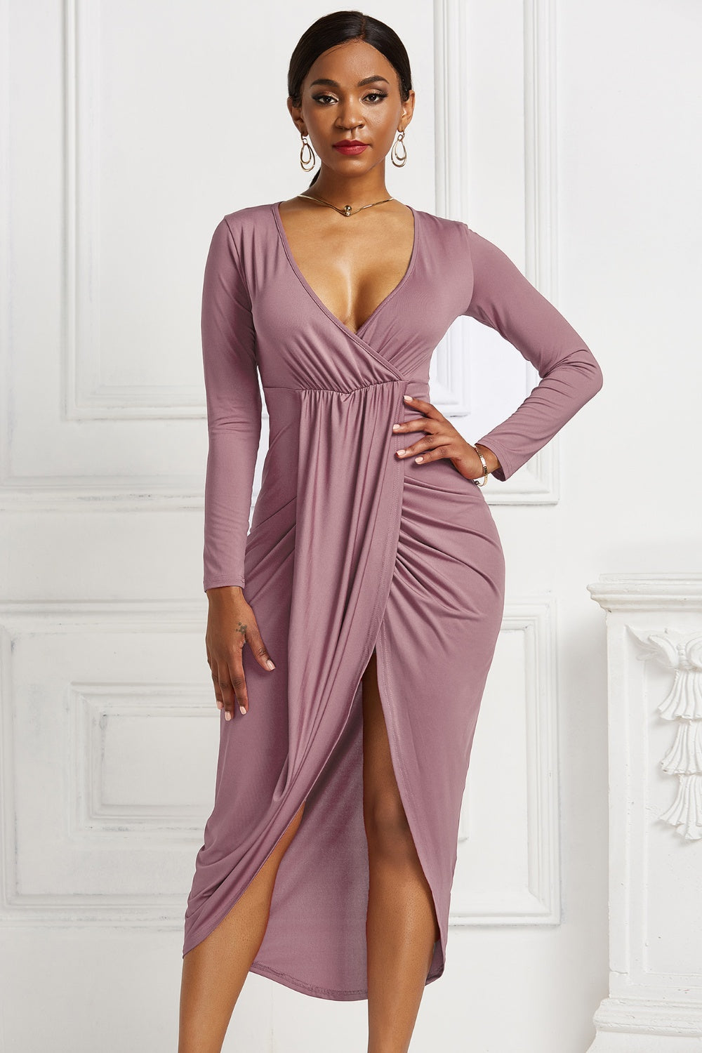 High-low Ruched Surplice Long Sleeve Dress - Fashion Finder Hub