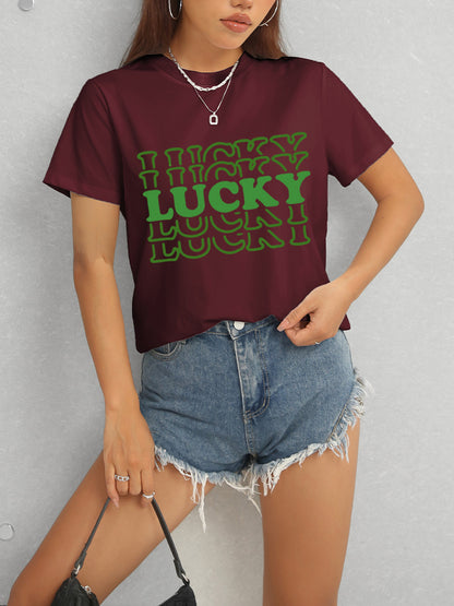 LUCKY Round Neck Short Sleeve T-Shirt - Fashion Finder Hub