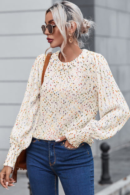 Heathered Round Neck Lantern Sleeve Sweater - Fashion Finder Hub