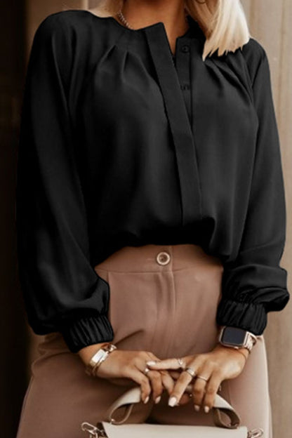 Button Up Round Neck Long Sleeve Shirt - Fashion Finder Hub