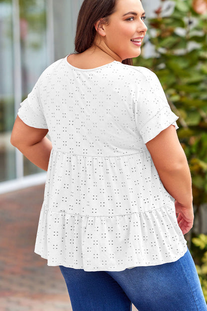 Plus Size Eyelet Round Neck Short Sleeve Blouse - Fashion Finder Hub