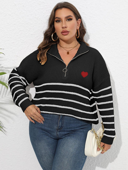 Plus Size Zip-Up Striped Sweater - Fashion Finder Hub
